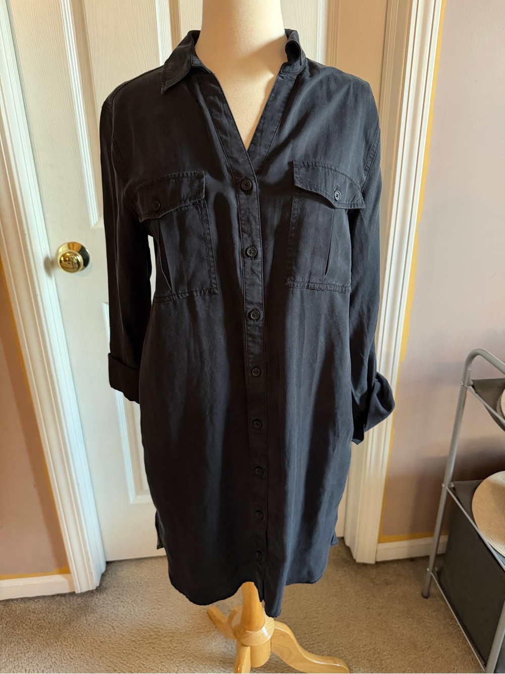 Long Sleeve Black Button-Front Shirt Dress